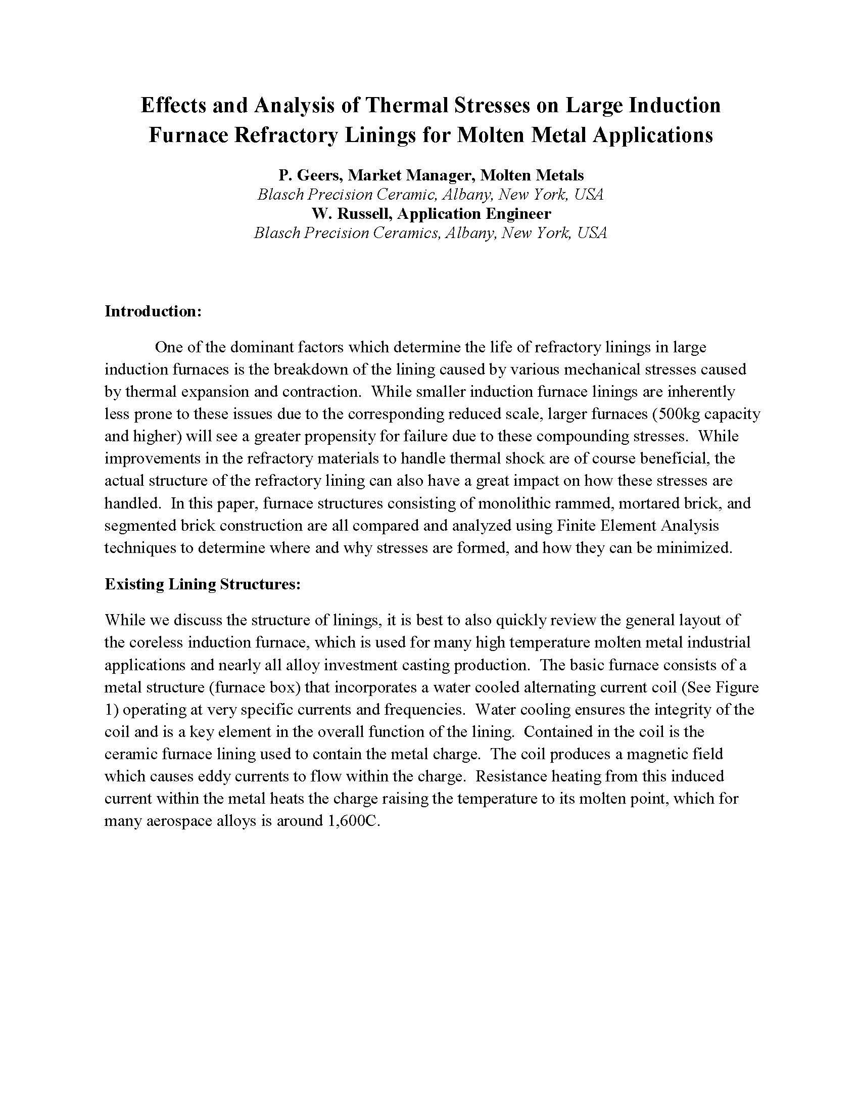 First page of "Effects and Analysis of Thermal Stresses on Large Induction Furnace Refractory Linings for Molten Metal Applications" white paper.