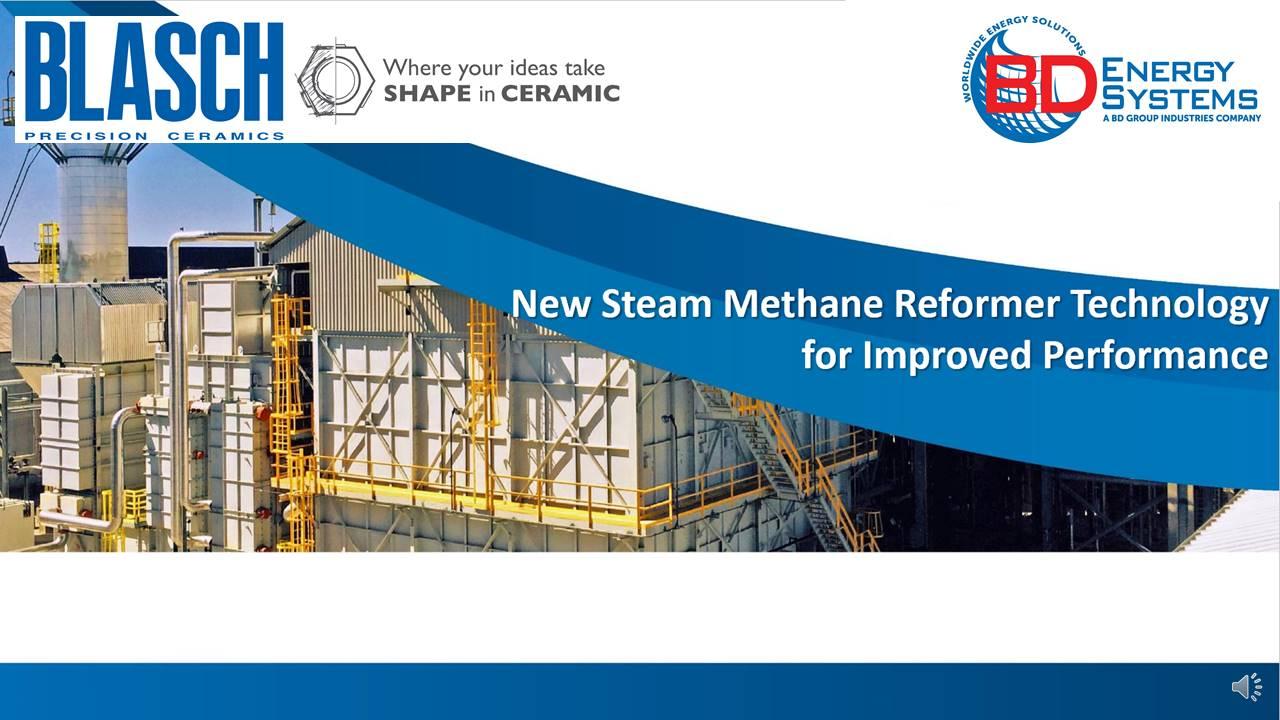 A presentation title card for Blasch and BD Energy Systems' "New Steam Methane Reformer Technology for Improved Performance" presentation.