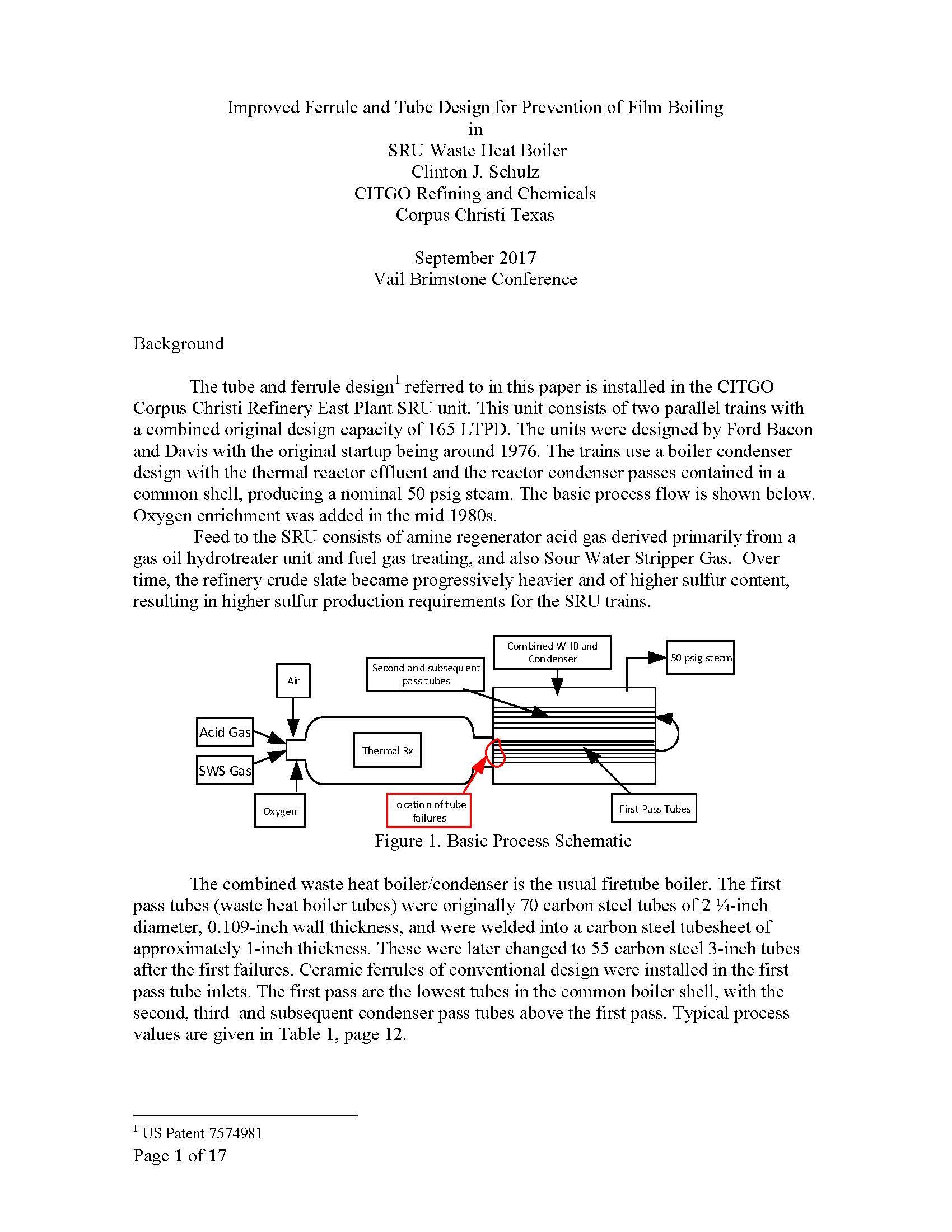 First page of "Improved Ferrule and Tube Design for Prevention of Film Boiling in SRU Waste Heat Boiler" white paper.