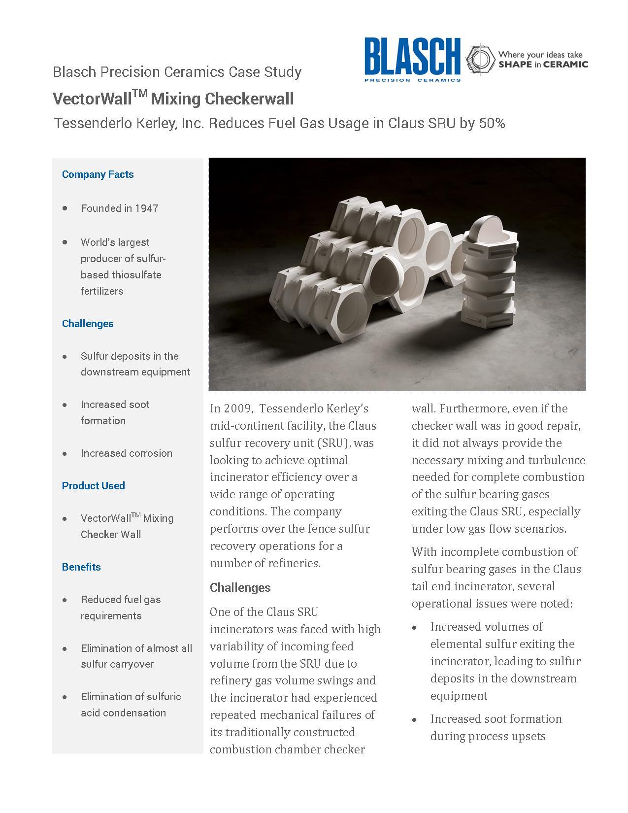 First page of the "VectorWall Mixing Checkerwall - Tessenderlo Kerley, Inc. Reduces Fuel Gas Usage in Claus SRC by 50%" case study.