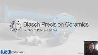 A video title card: "Blasch Precision Ceramics - Ceraline Piping Solutions" overlaid on Blasch pipe products.
