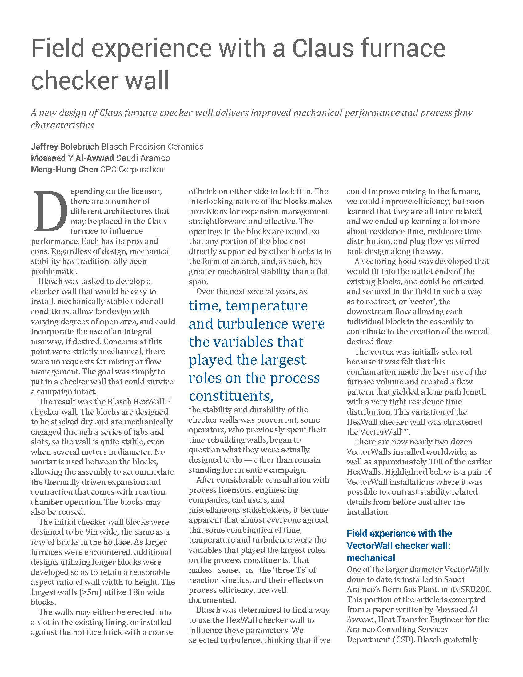 First page of "Field experience with a Claus furnace checker wall" white paper.