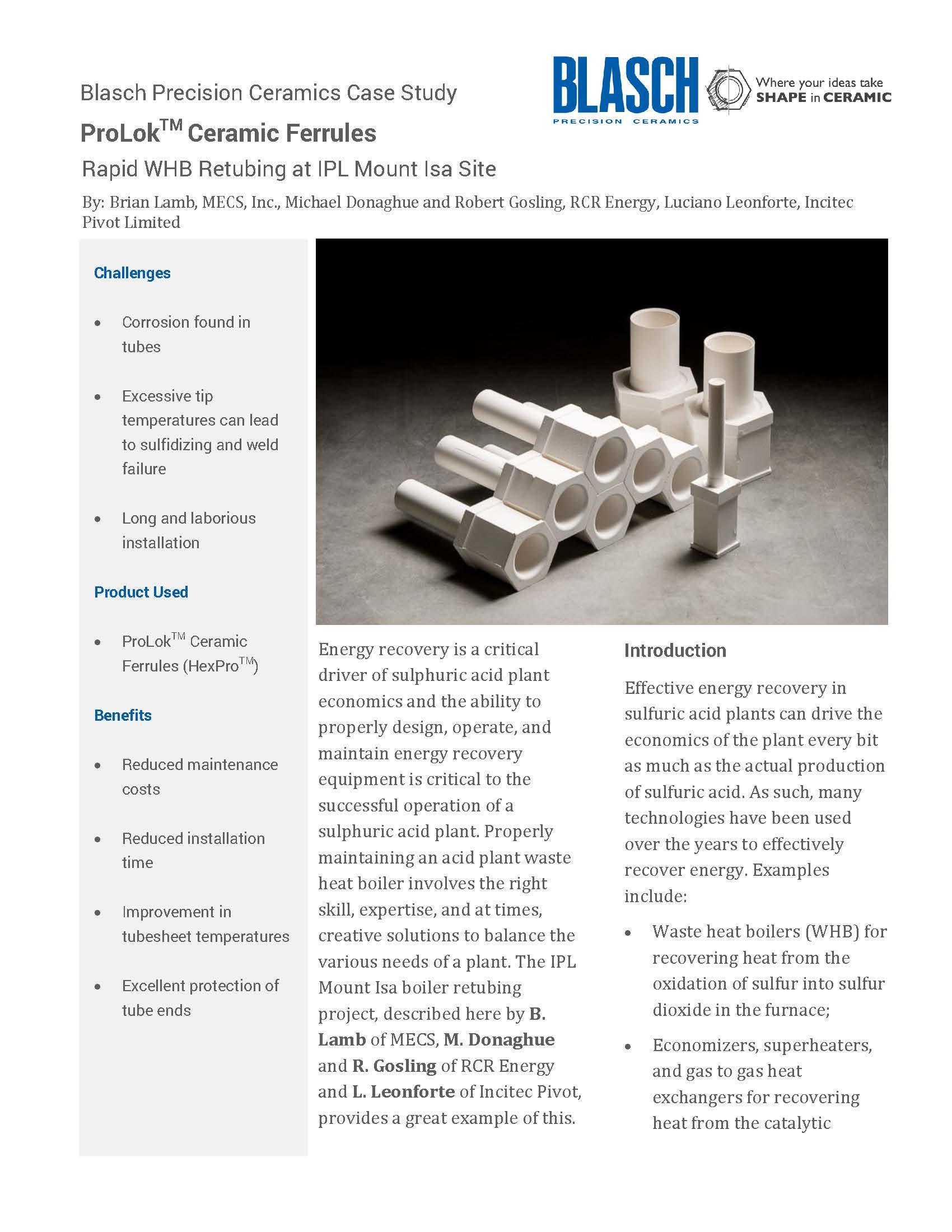 First page of the "ProLok Ceramic Ferrules - Rapid WHB Retubing at IPL Mount Isa Site" case study.