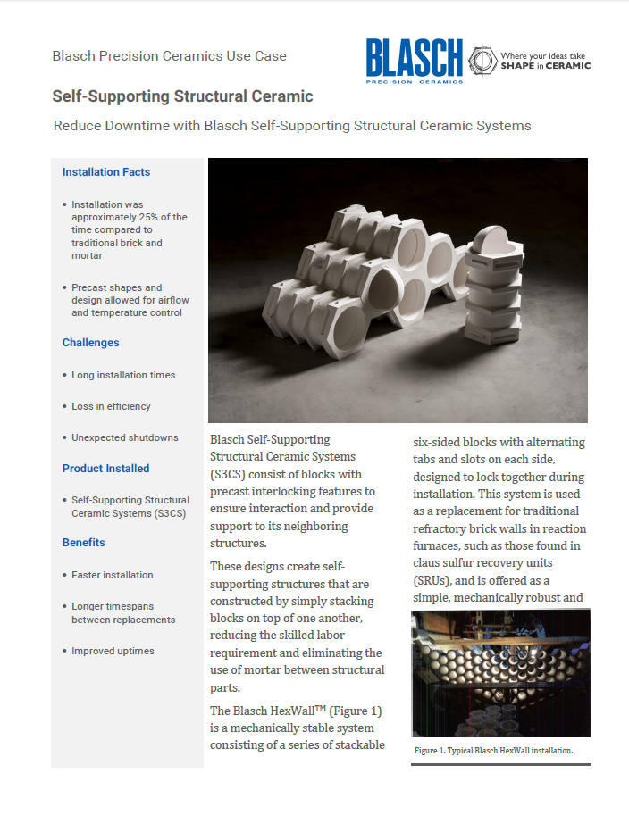 First page of the "Self-Supporting Structural Ceramic - Reduce Downtime with Blasch Self-Supporting Structural Ceramic Systems" case study.